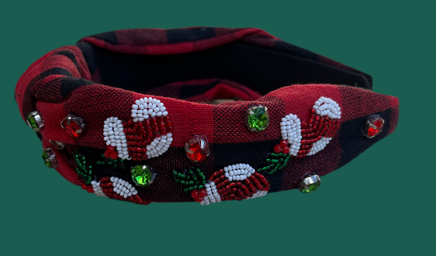 Red buffalo plaid candy cane headband