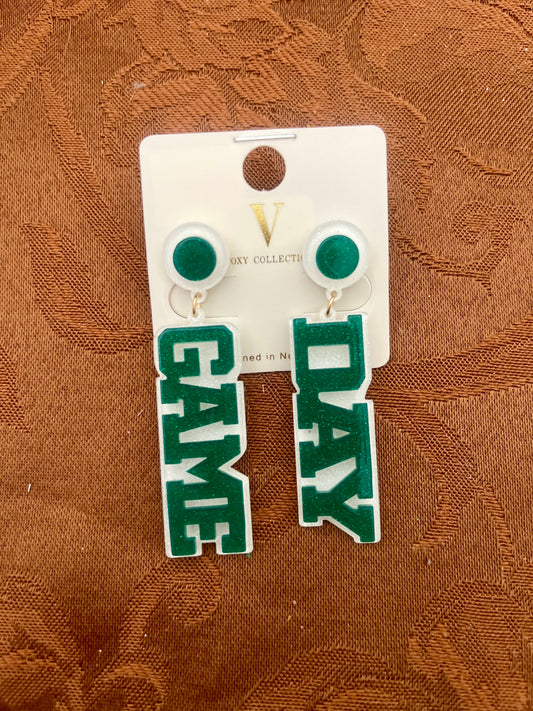 Green and white Game Day dangles