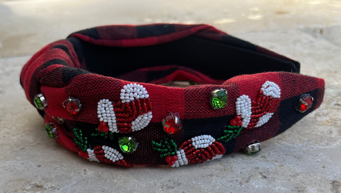 Red buffalo plaid candy cane headband