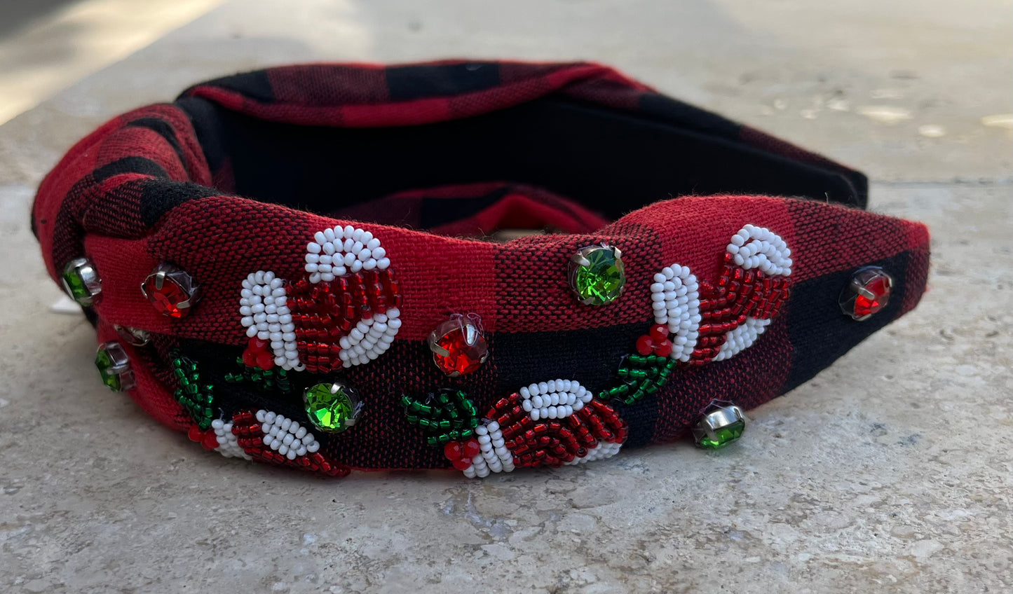 Red buffalo plaid candy cane headband
